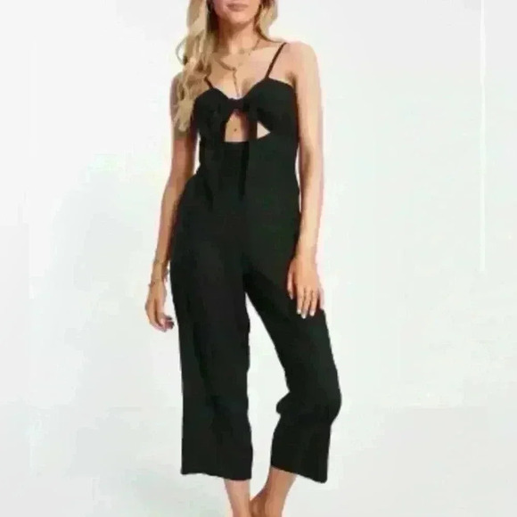 Old Navy Jumpsuit Womens Medium Black Linen Blend Twist Front Tie Strap - Picture 1 of 13